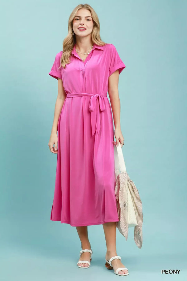 Umgee Collared Belted Midi Dress - Glamourous Grace