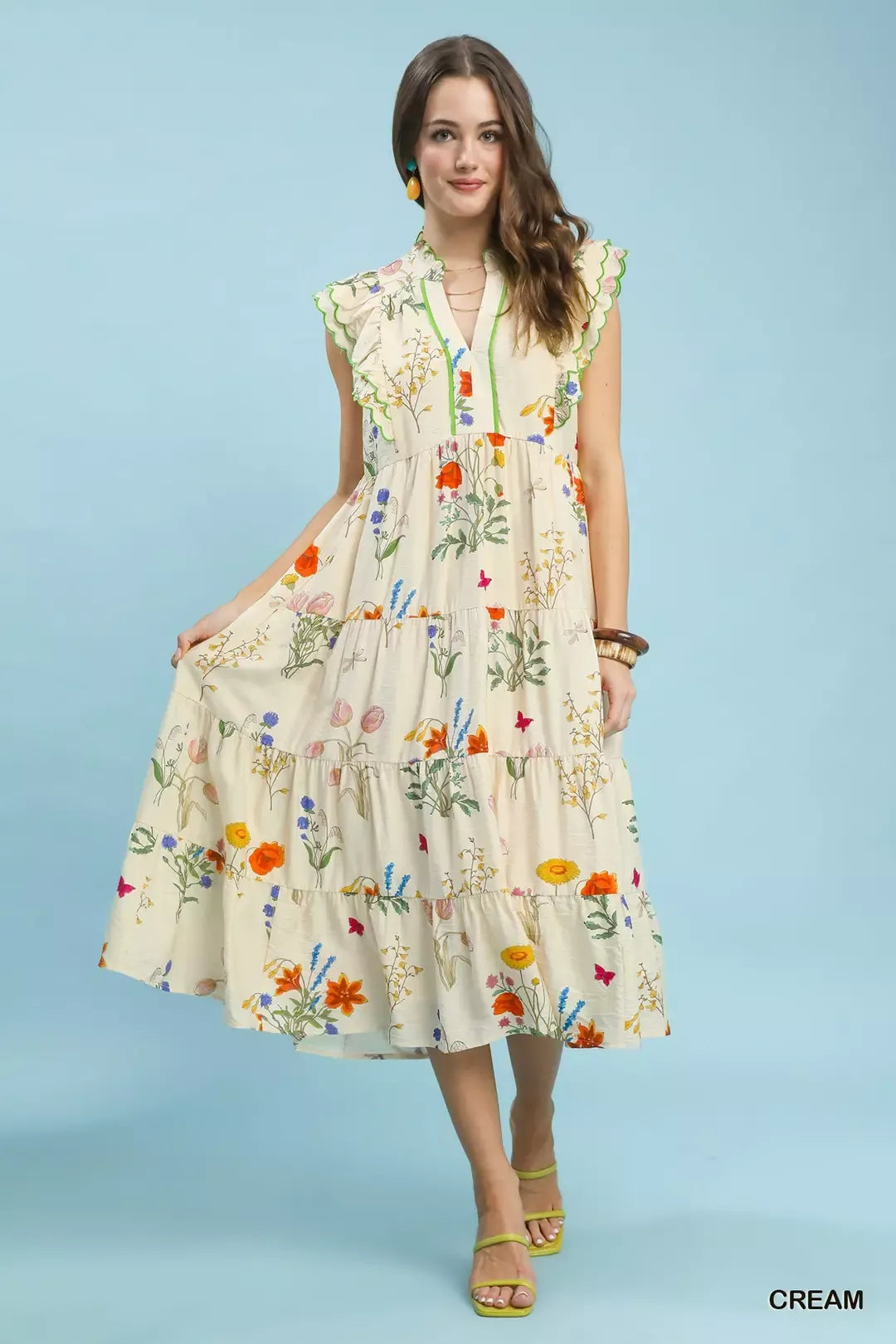 Umgee Floral Ruffle Tiered Midi Dress with Scalloped Detail - Glamourous Grace