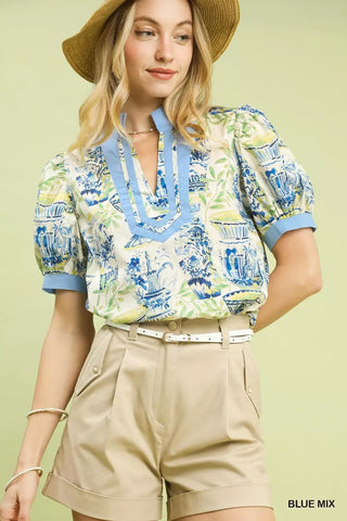 Umgee Abstract Print V-Neck Top in Blue Mix - Glamourous Grace