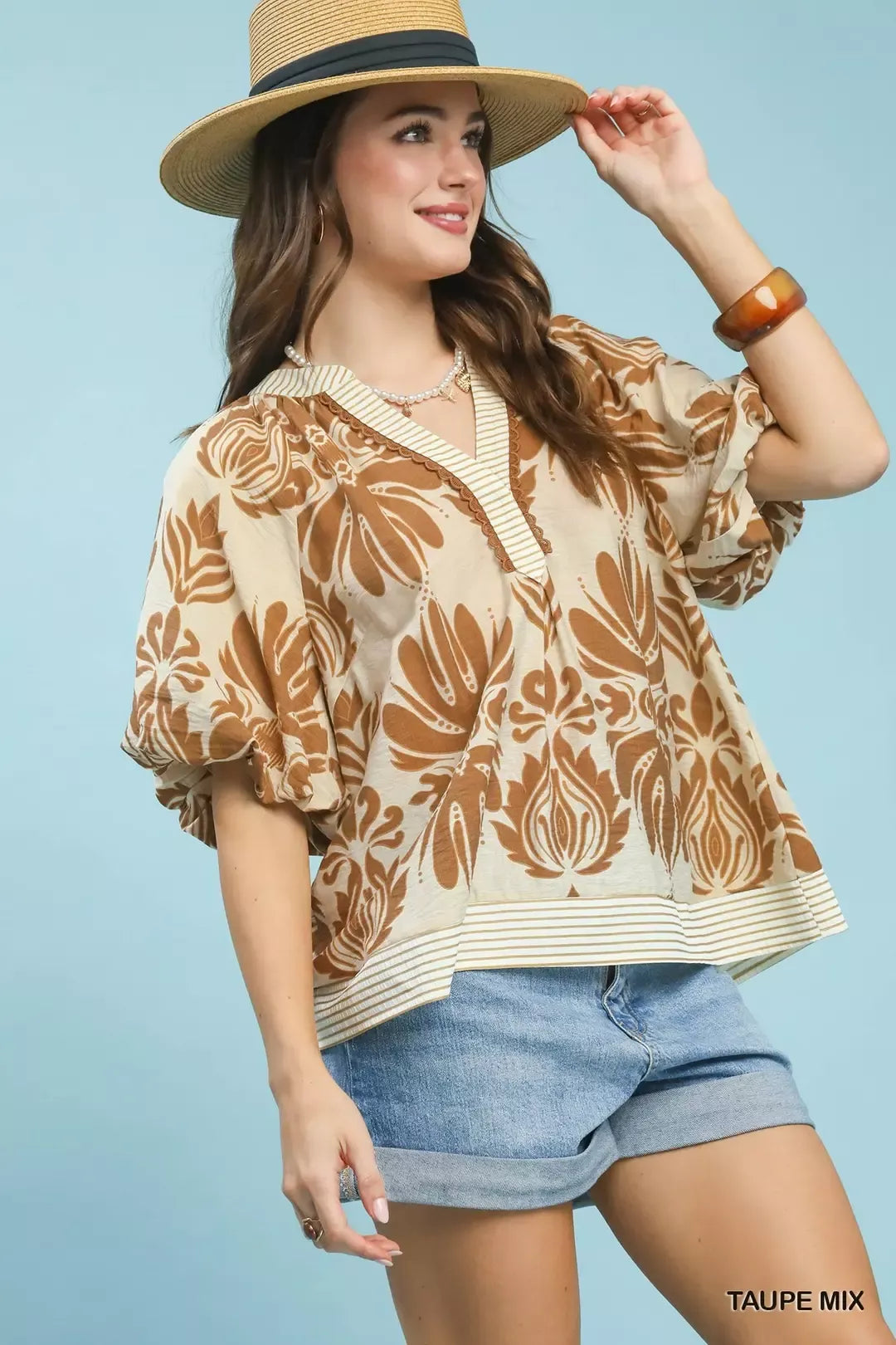 Umgee Mix Printed Puff Sleeve Top with Contrast Trim - Glamourous Grace