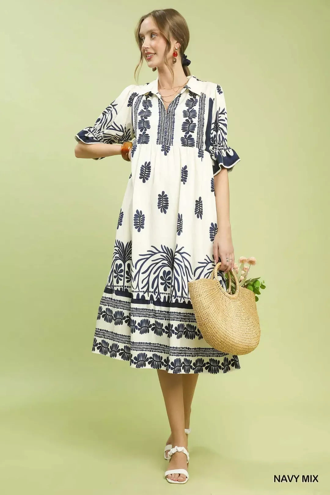 Umgee Border Print Midi Dress with Puff Sleeves - Glamourous Grace