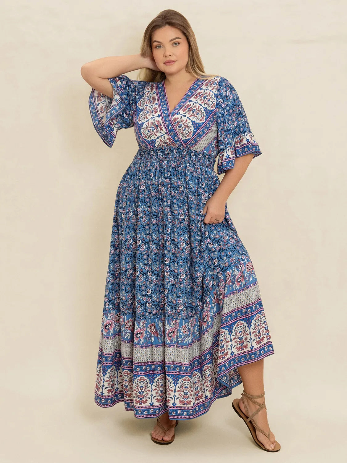 Plus Size Printed Surplice Half Sleeve Dress - Glamourous Grace