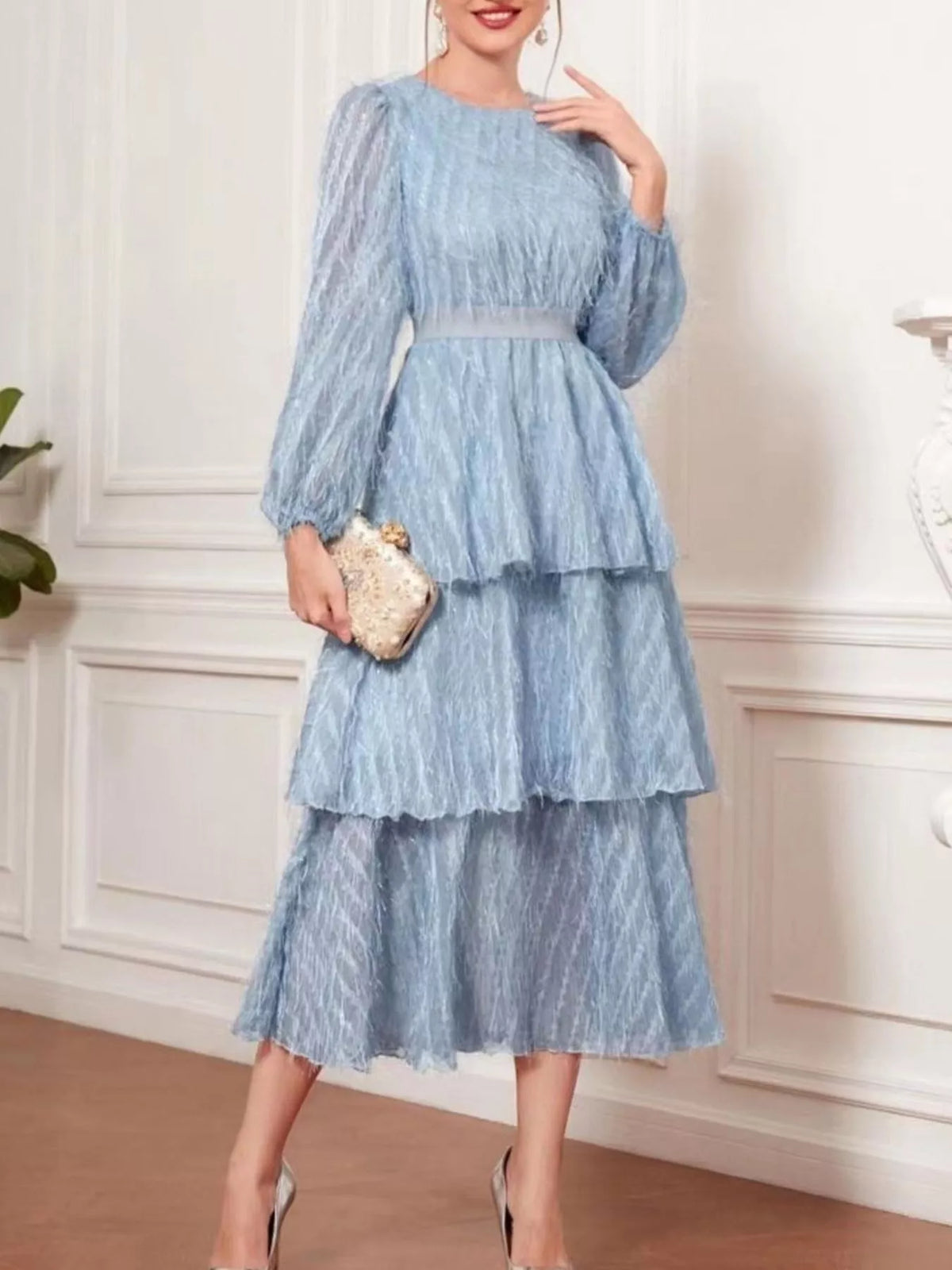 Full Size Layered Balloon Sleeve Midi Dress Plus Size - Glamourous Grace