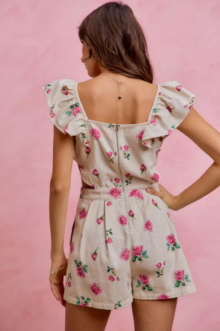SO ME Floral Print Denim Cut Out Waist Ruffled Romper - Glamourous Grace