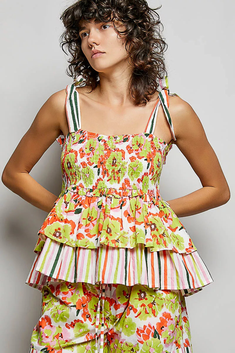POL Floral Smocked Ruffled Cami with Tie Shoulder Straps - Glamourous Grace