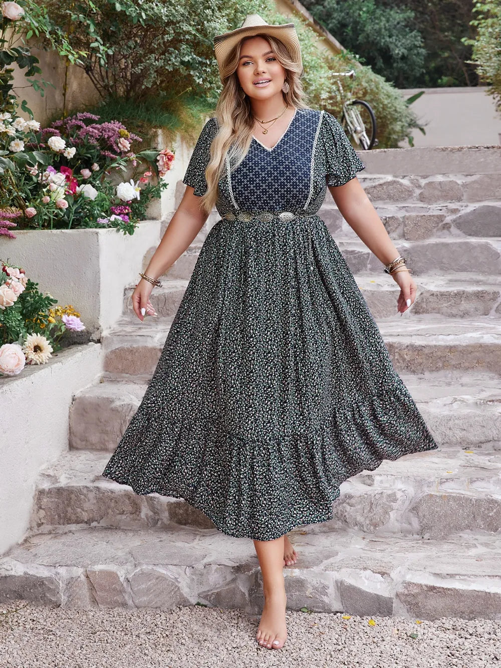 Plus Size Printed V-Neck Flutter Sleeve Midi Dress - Glamourous Grace