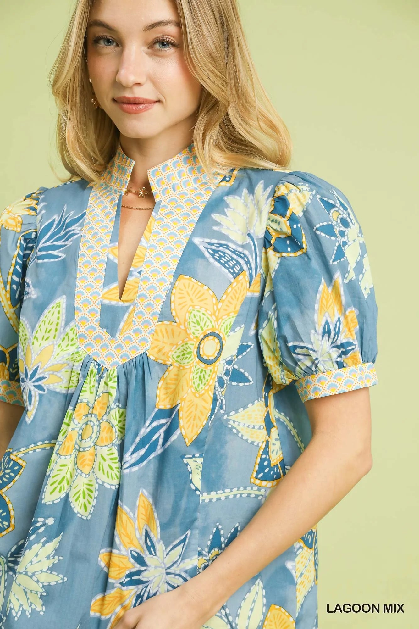 Umgee Mixed Abstract Print Puff Sleeve Blouse - Glamourous Grace