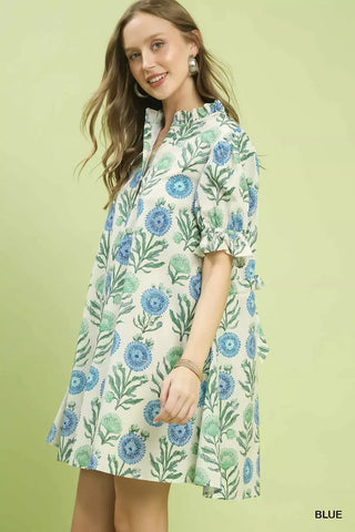 Umgee Floral Puff Sleeve Babydoll Dress with Side Pockets - Glamourous Grace