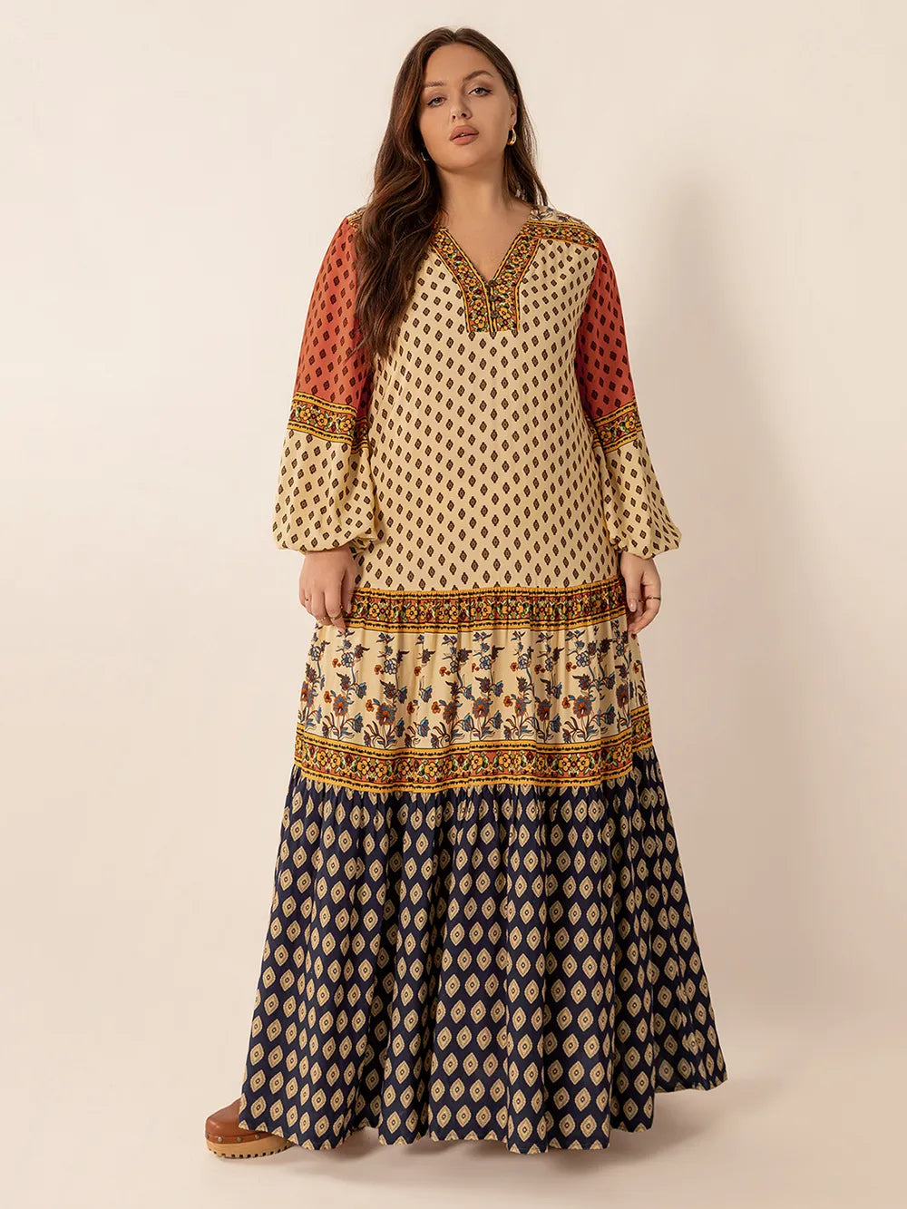 Plus Size Printed V-Neck Long Sleeve Maxi Dress - Glamourous Grace