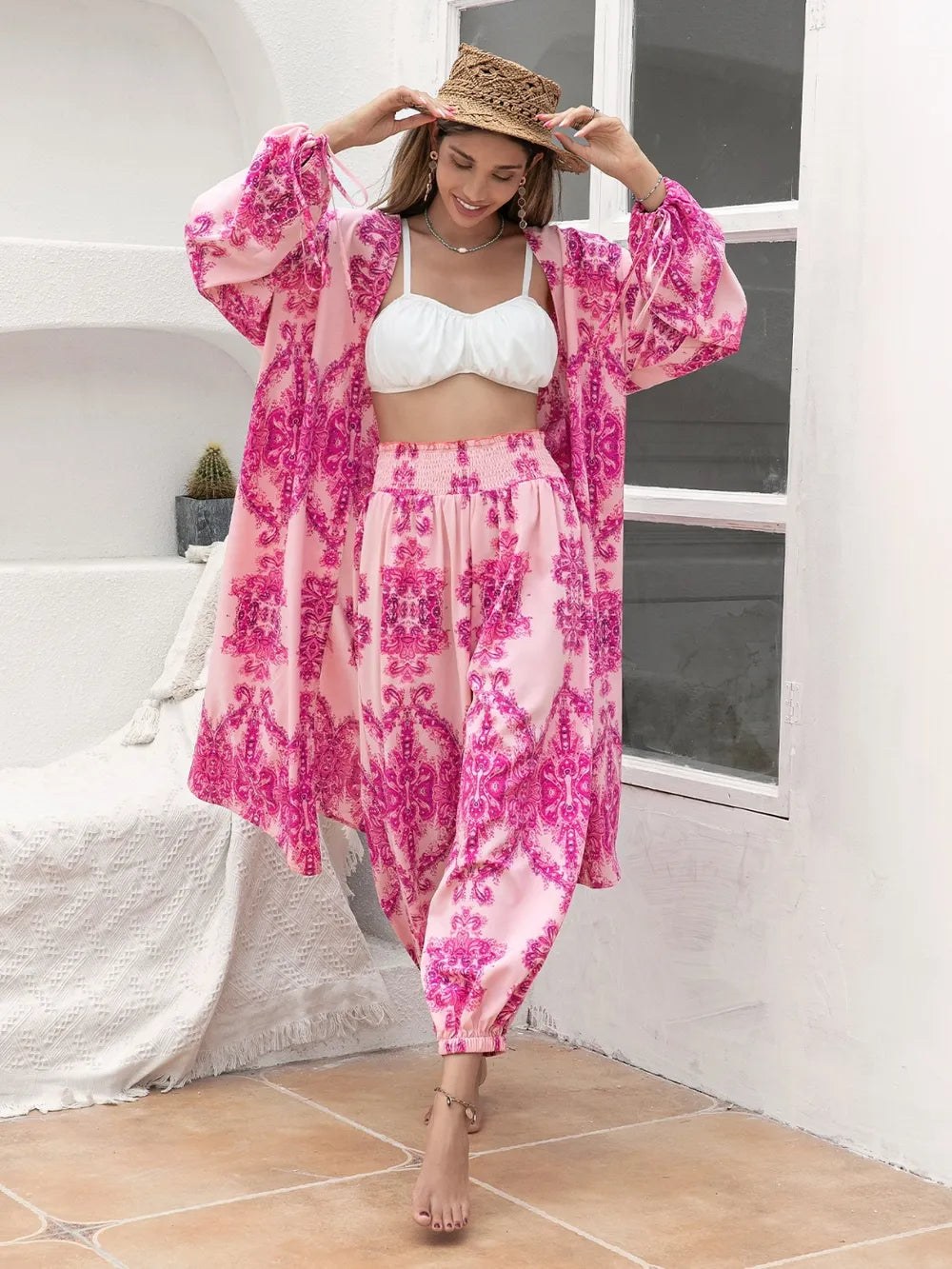Printed Open Front Top and Pants Set - Glamourous Grace