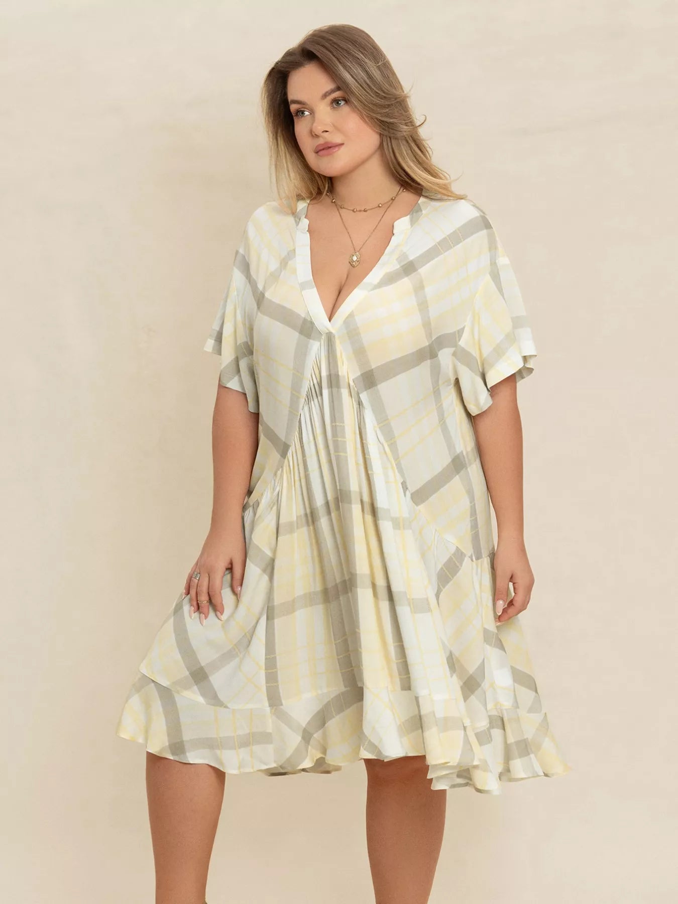 Plus Size Plaid Flutter Sleeve Dress - Glamourous Grace