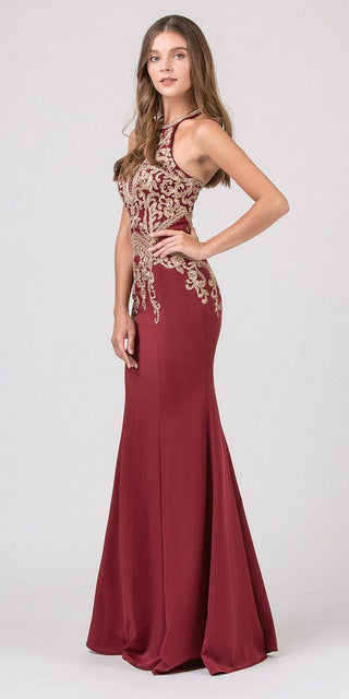 CLEARANCE - Eureka 7033 Embroidered Halter Mermaid Long Dress Racer Back (Size Small)