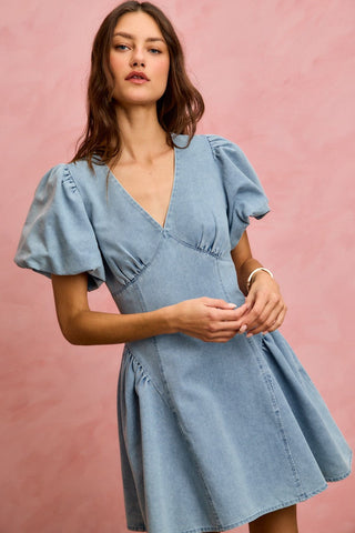 SO ME Bubble Sleeves Denim Fit And Flare Mini Dress - Glamourous Grace