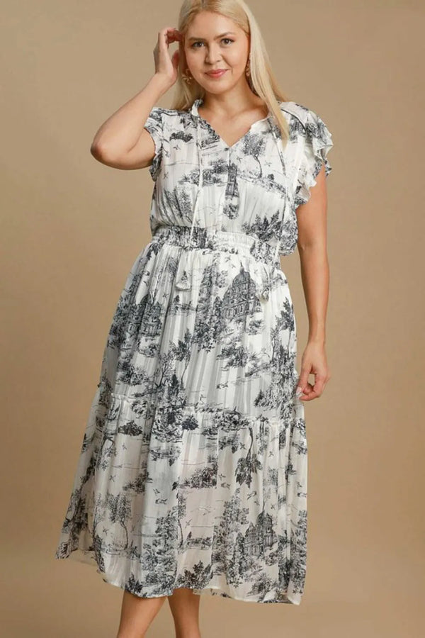 Umgee Full Size Two Tone Landscape Print Midi Dress Plus Size - Glamourous Grace