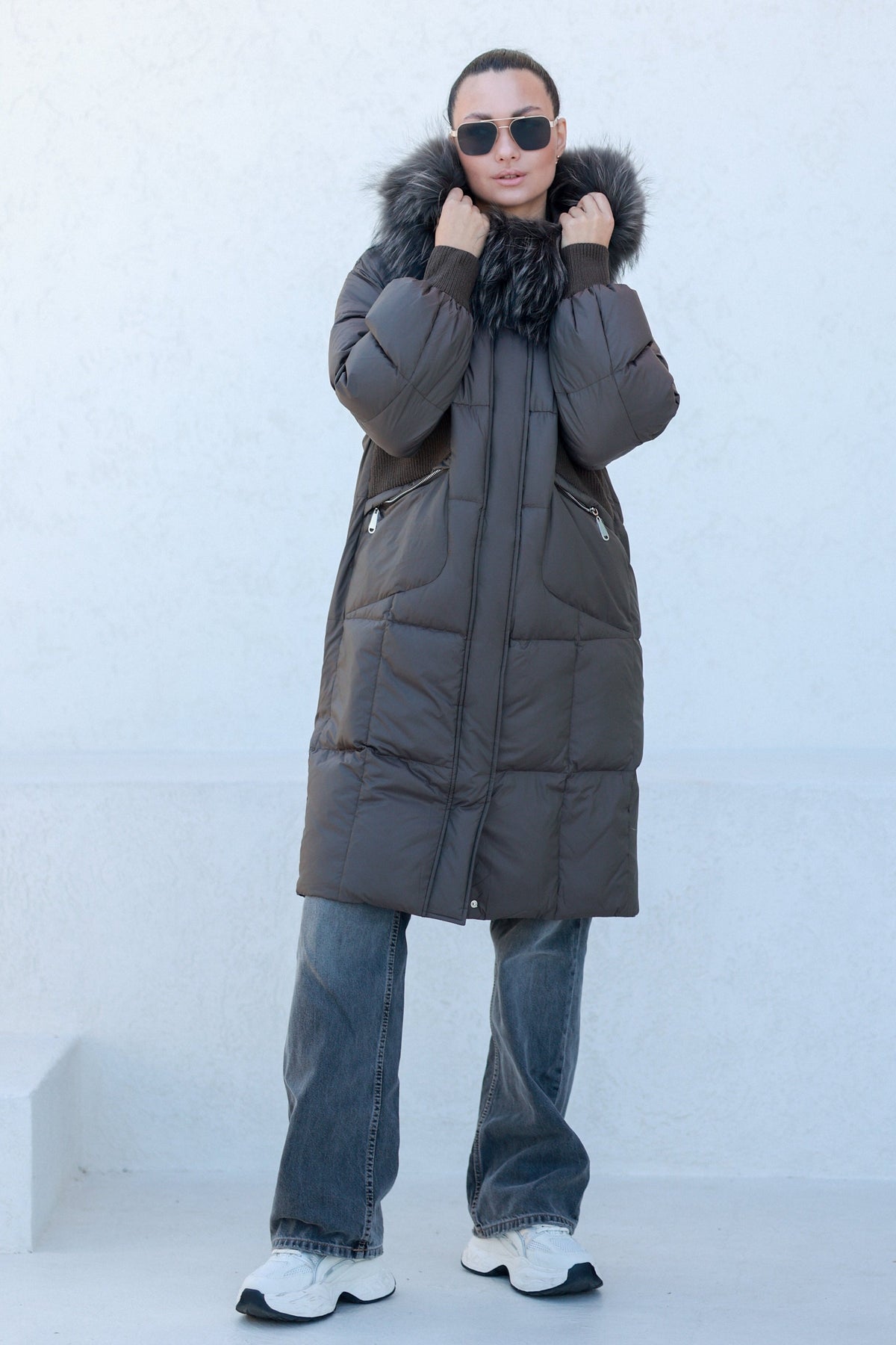 Lauren Genuine Fur Trim Down Fill Coat in Tobacco