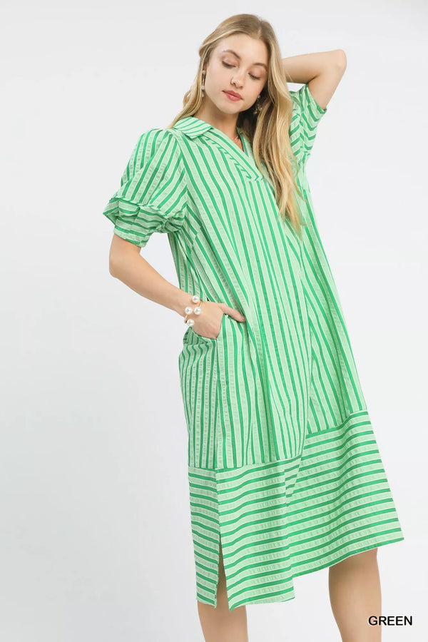 Umgee Striped Puff Sleeve Midi Dress - Glamourous Grace