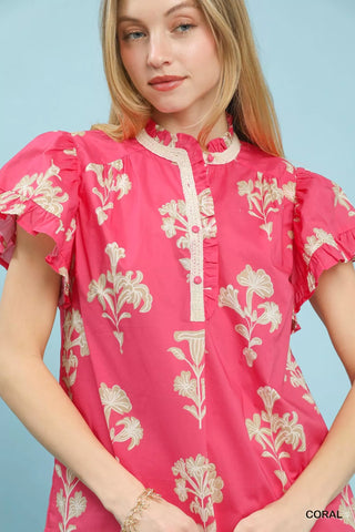 Umgee Floral Ruffle Sleeve Split-Neck Top - Glamourous Grace