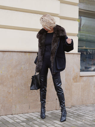 Rimini Genuine Fur Trim Wool Blend Parka in Black