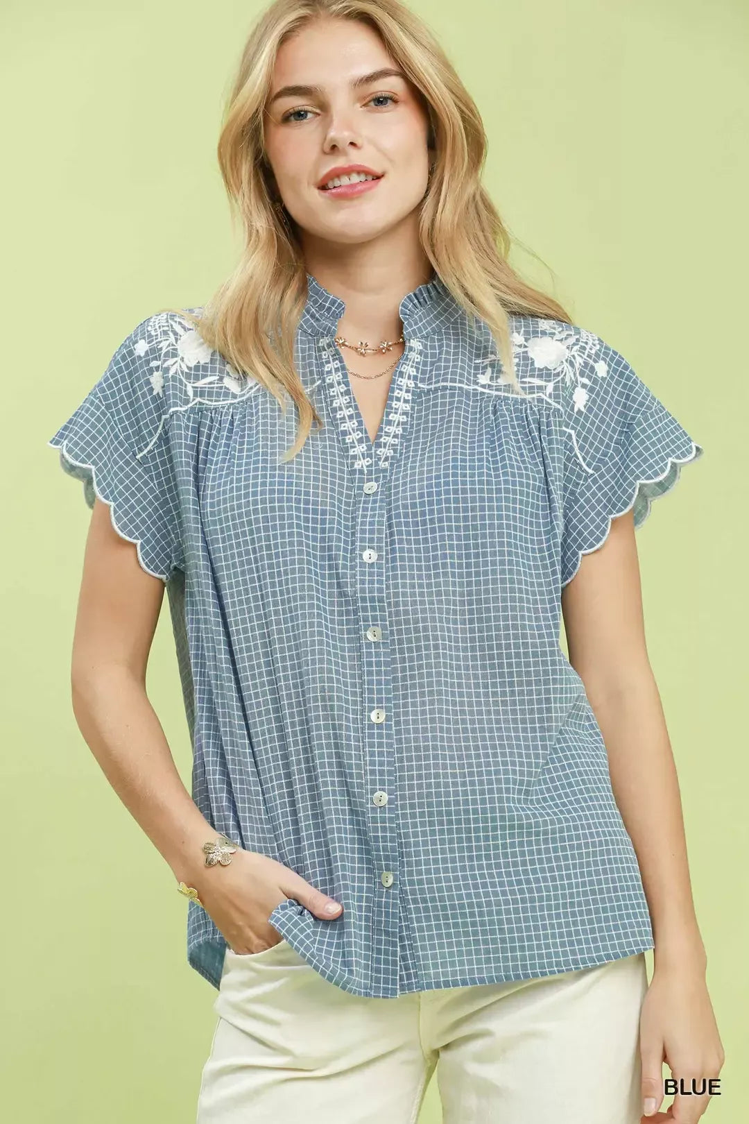 Umgee Embroidered Print Scallop Sleeve Button Front Blouse - Glamourous Grace
