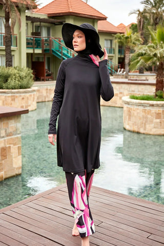 Stretchy Black Full-Coverage Modest Swimsuit M2479 - Glamourous Grace