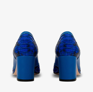 The Toskana Sax Blue Pythn Leather Block Heel Pump Women Shoe - Glamourous Grace