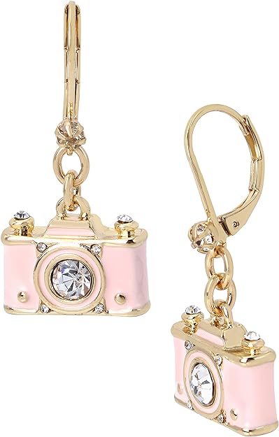 Betsey Johnson Pink Camera Crystal Gold Toned Dangle Earrings - Glamourous Grace