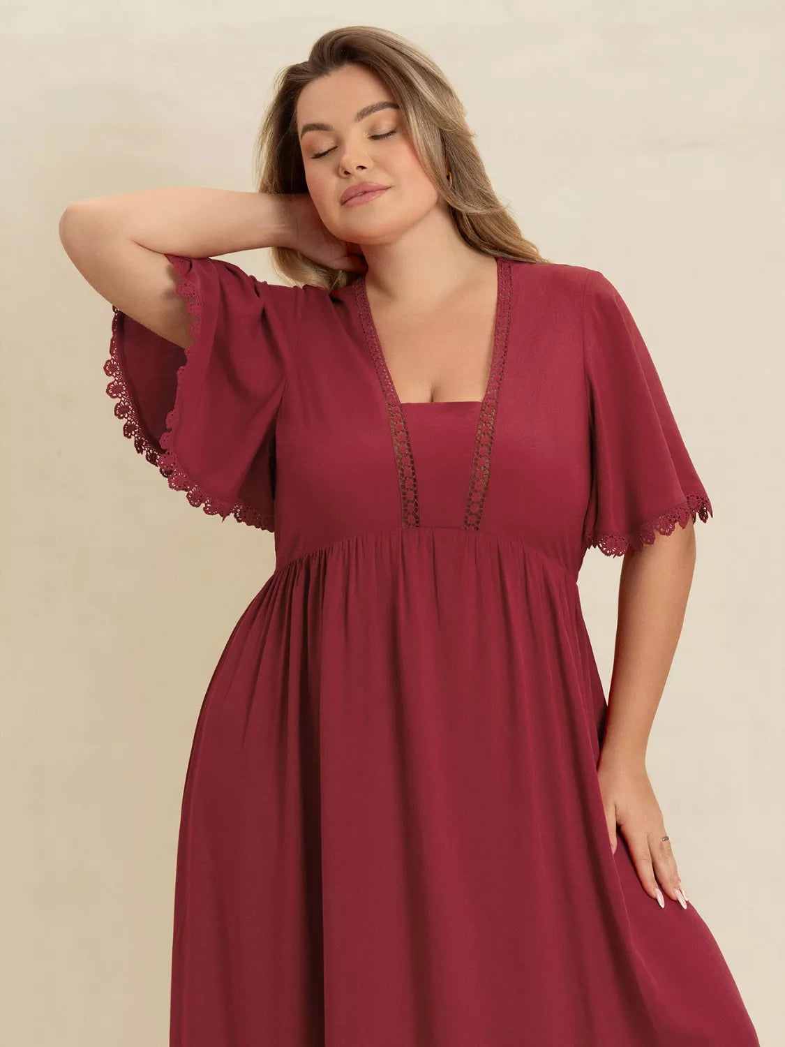 Plus Size Lace Detail Flutter Sleeve Maxi Dress - Glamourous Grace