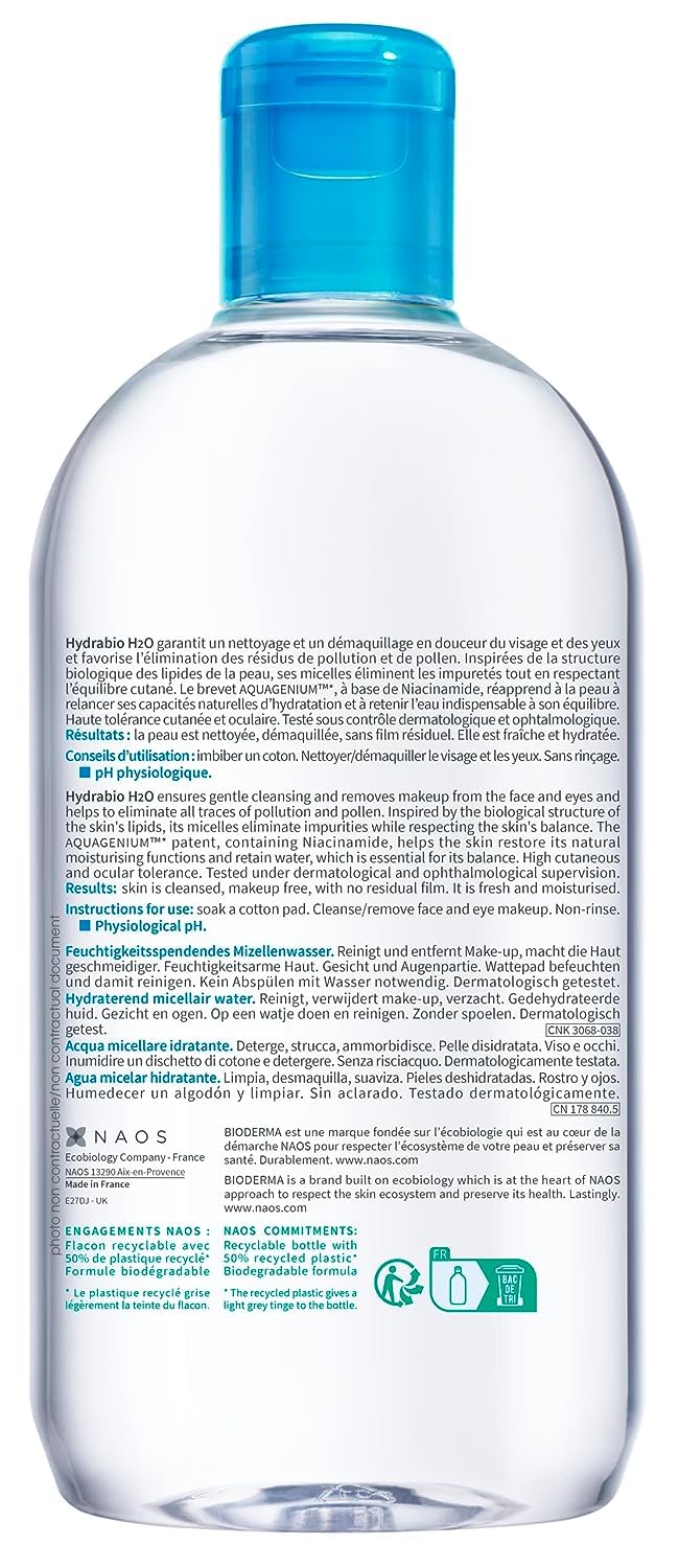 Bioderma Hydrabio H2O Micellar Water for Hydration and Makeup Removal, Fragrance-Free Skincare, 2x500ml - Glamourous Grace