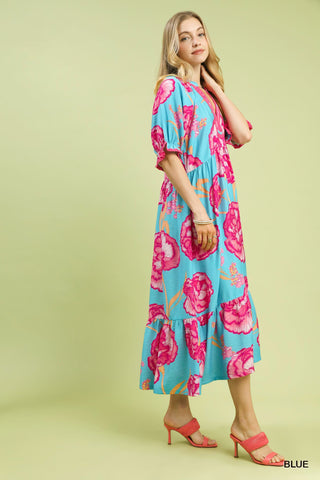 Umgee Floral Print Midi Dress with Contrast Trim - Glamourous Grace