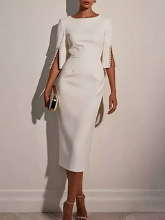 Slim-Fit Elegant Midi Dress with Beaded Slit Sleeve