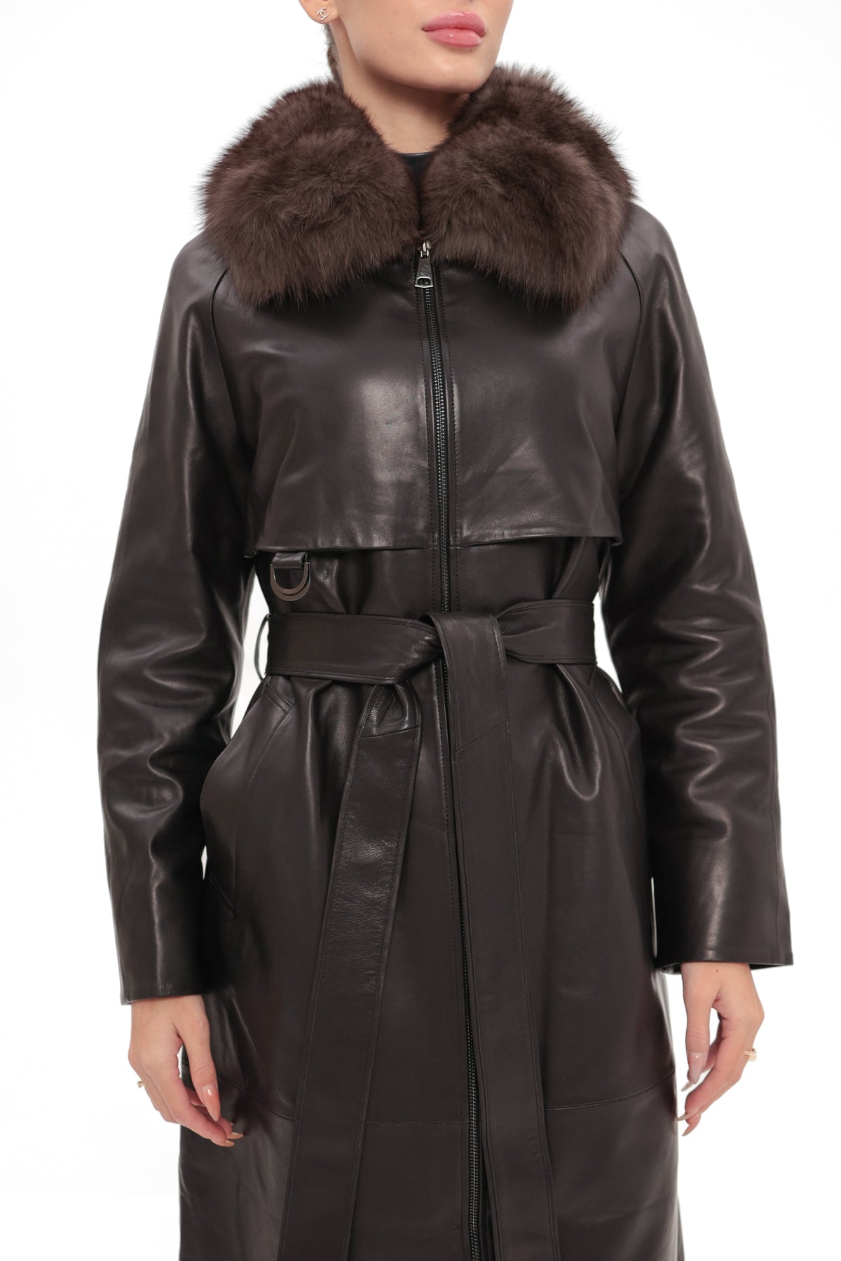 Genuine Leather Polar Fox Trim Coat