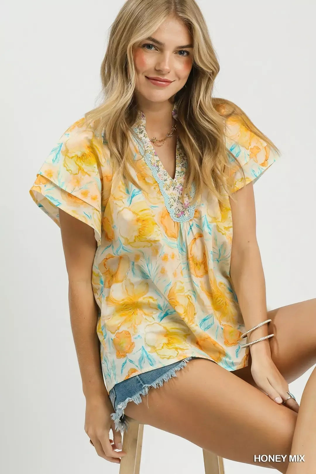 Umgee Mix Floral Print Blouse with Crochet Lace Trim - Glamourous Grace