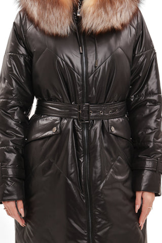 Genuine Fox Fur Trim Mid Length Coat