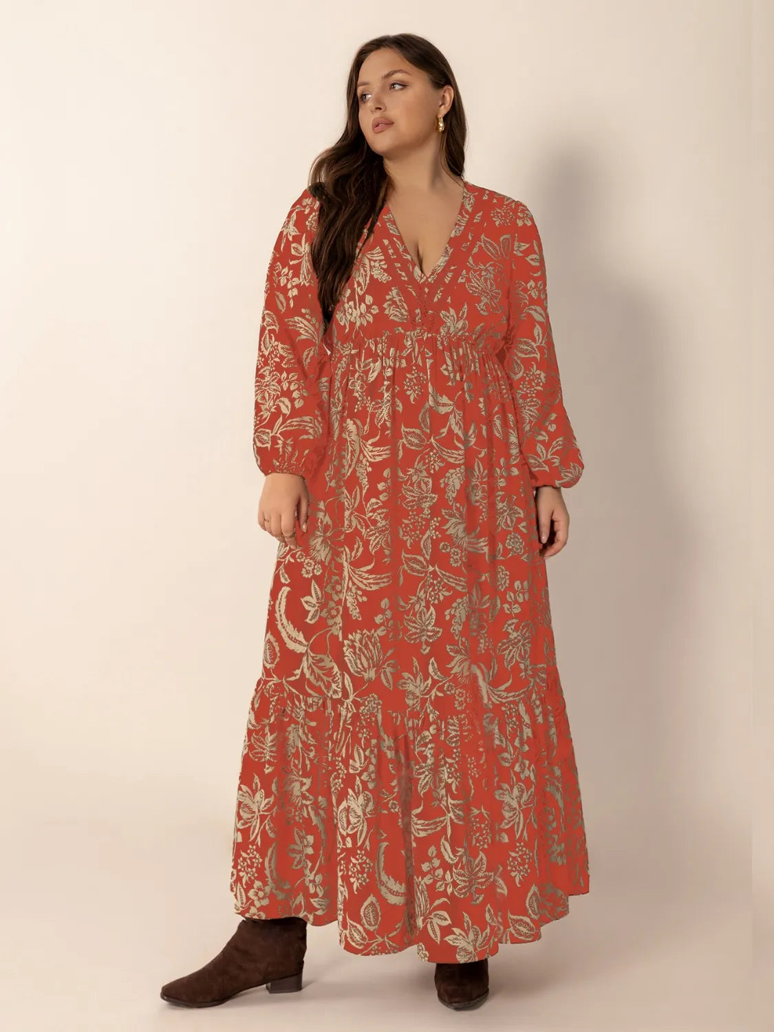 Plus Size Lace Detail Printed Balloon Sleeve Midi Dress - Glamourous Grace