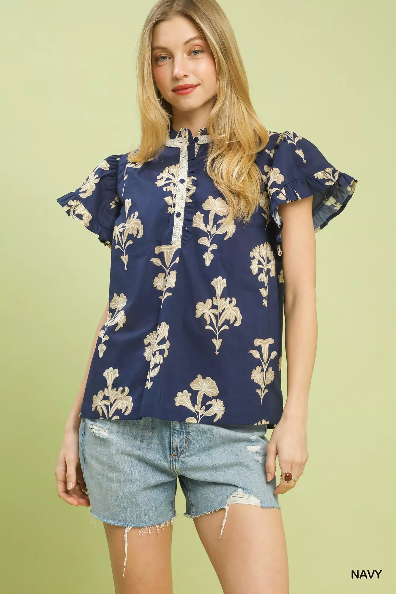 Umgee Floral Ruffle Sleeve Split-Neck Top - Glamourous Grace