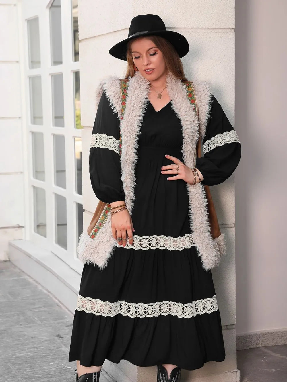 Plus Size Lace Detail V-Neck Long Sleeve Midi Dress - Glamourous Grace
