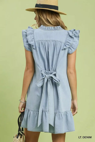 Umgee Chambray Ruffled Denim Dress with Side Pockets - Glamourous Grace