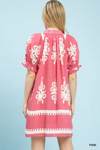 Umgee Two Tone Border Print Mini Dress in Pink - Glamourous Grace