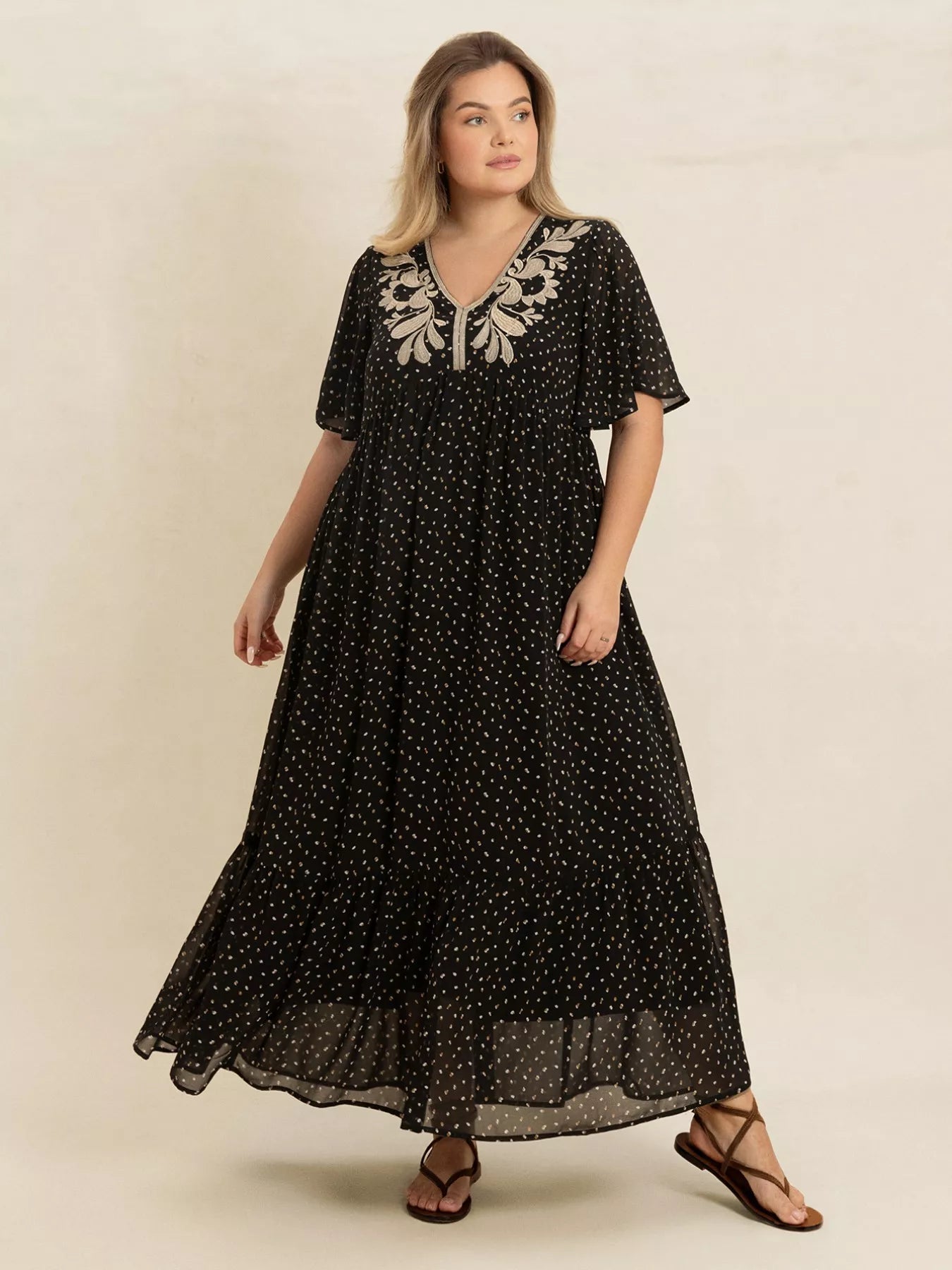 Plus Size Printed V-Neck Flutter Sleeve Maxi Dress - Glamourous Grace