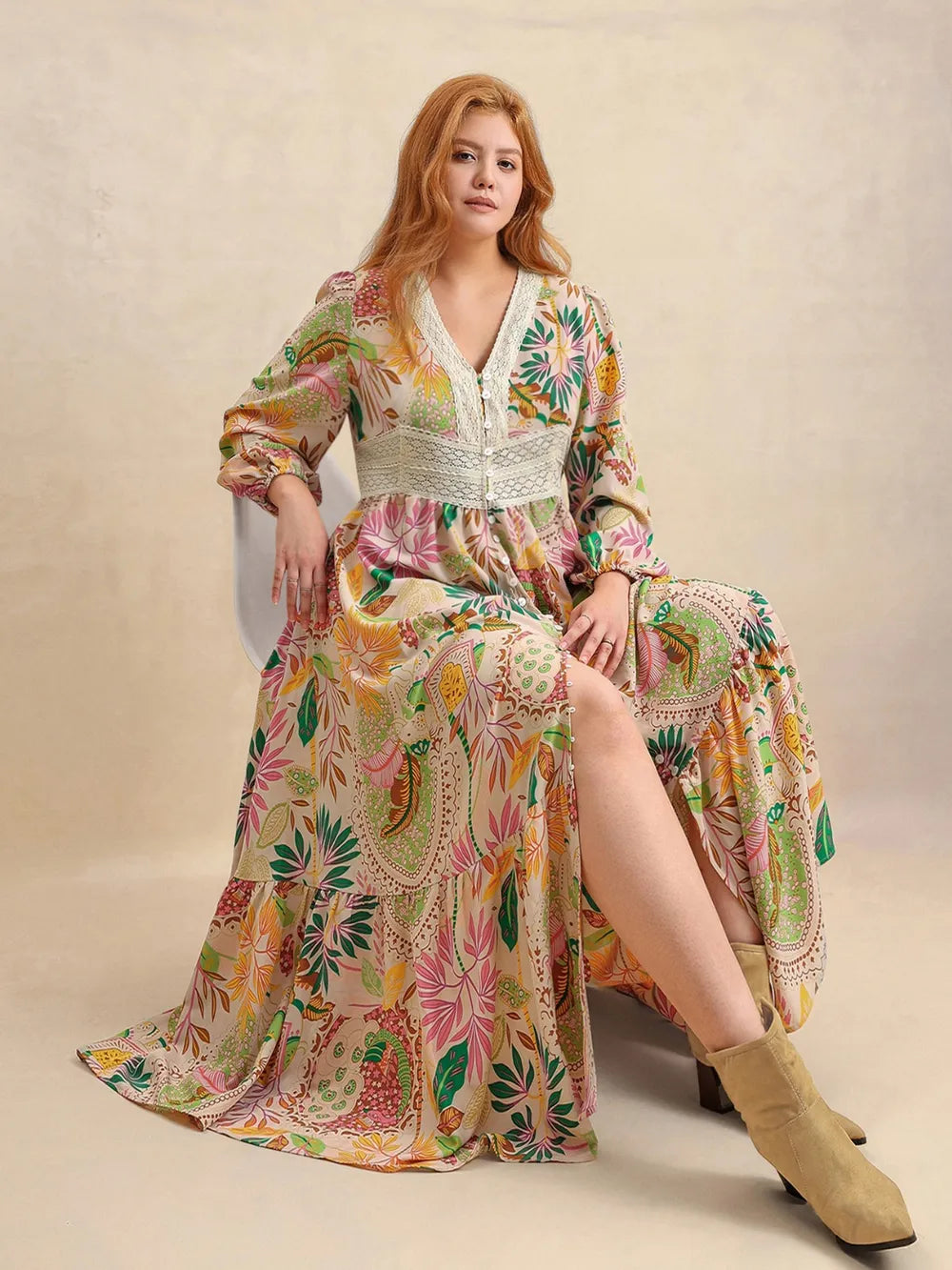 Plus Size Lace Detail Printed V-Neck Balloon Sleeve Dress - Glamourous Grace