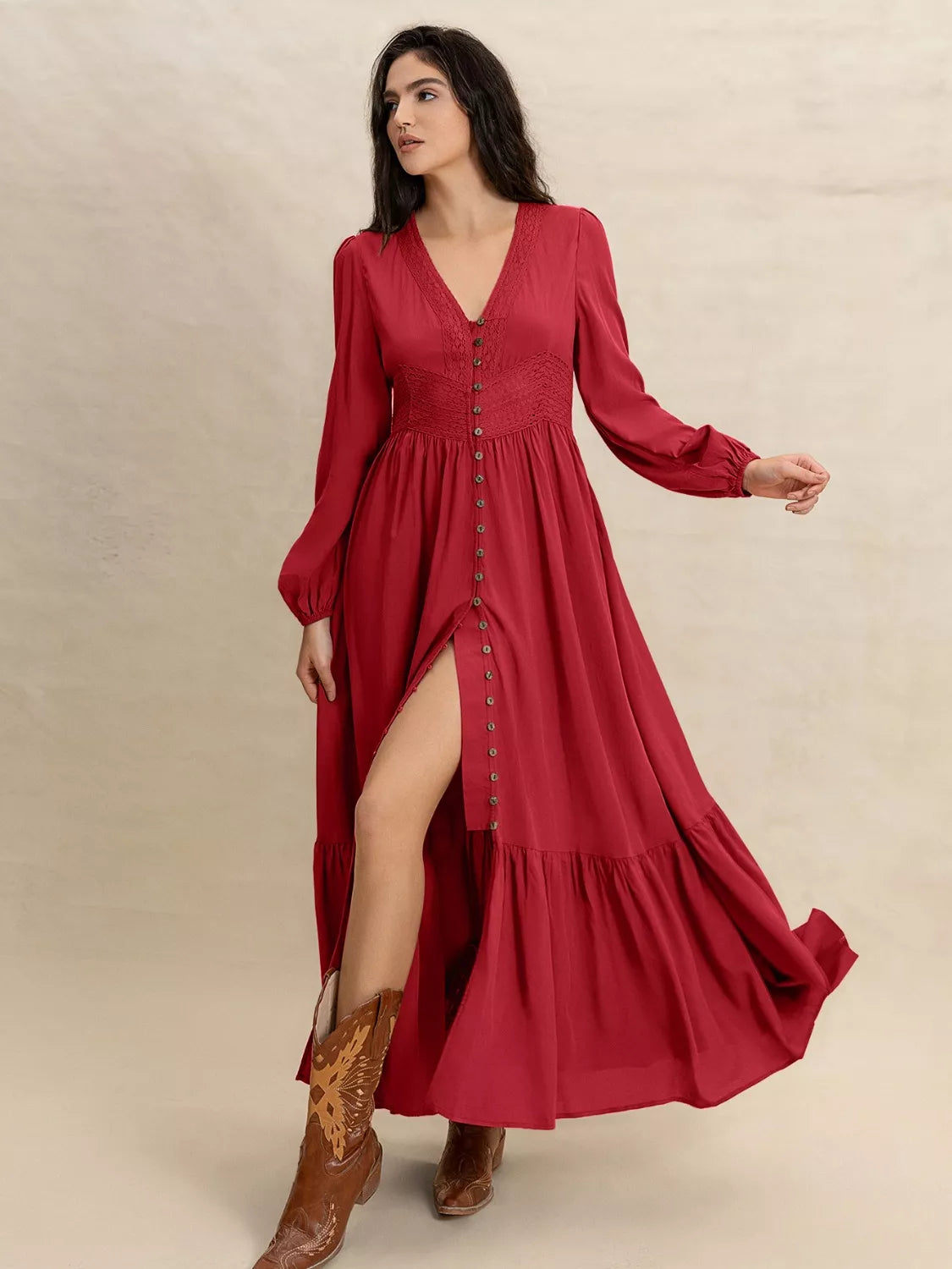 V-Neck Balloon Sleeve Ruffled Hem Maxi Dress - Glamourous Grace