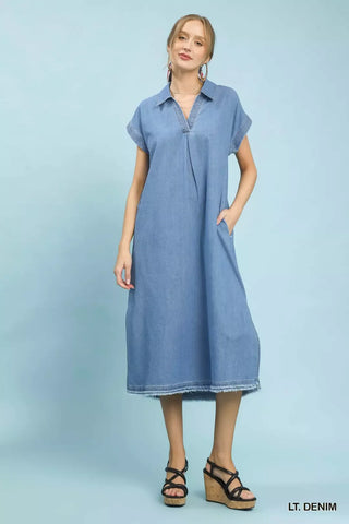 Umgee Stone Washed Collared Denim Midi Dress - Glamourous Grace