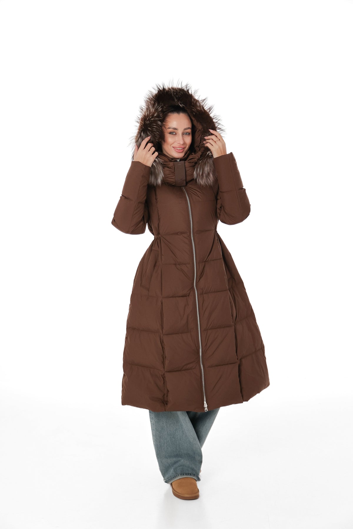 Genuine Silver Fox Fur Trim Down Coat