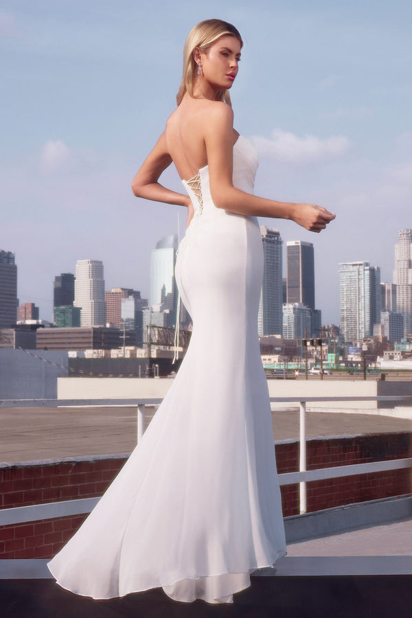 Ladivine 7434W Strapless Chiffon Fitted Off-White Dress - Glamourous Grace