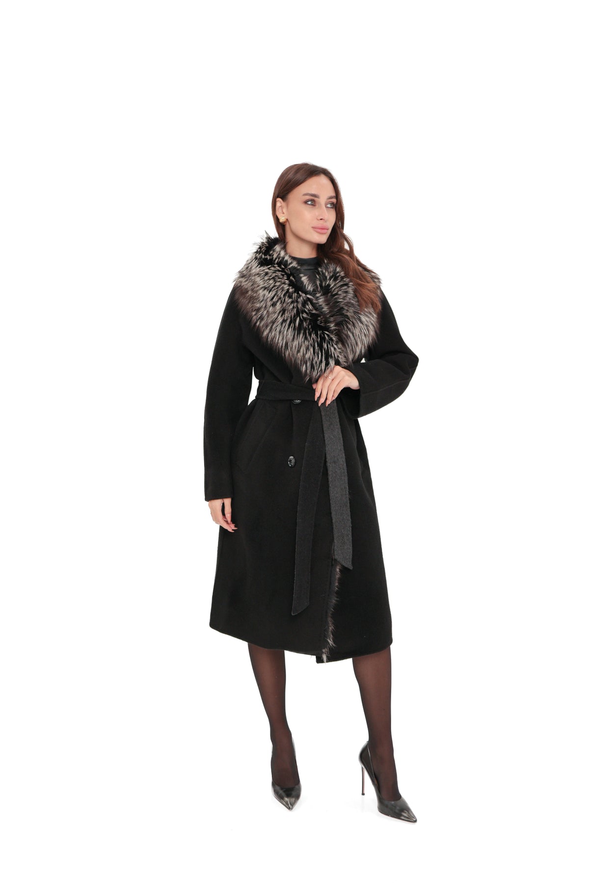 Genuine Silver Fox Cashmere Blend Coat