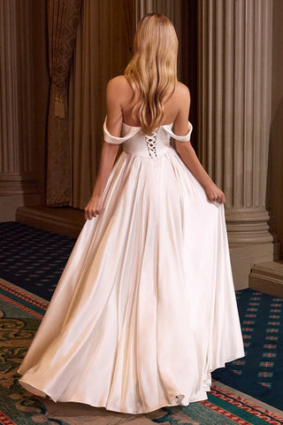 Ladivine 7449W A-Line Fitted Bodice Off the Shoulder Satin Wedding Dress