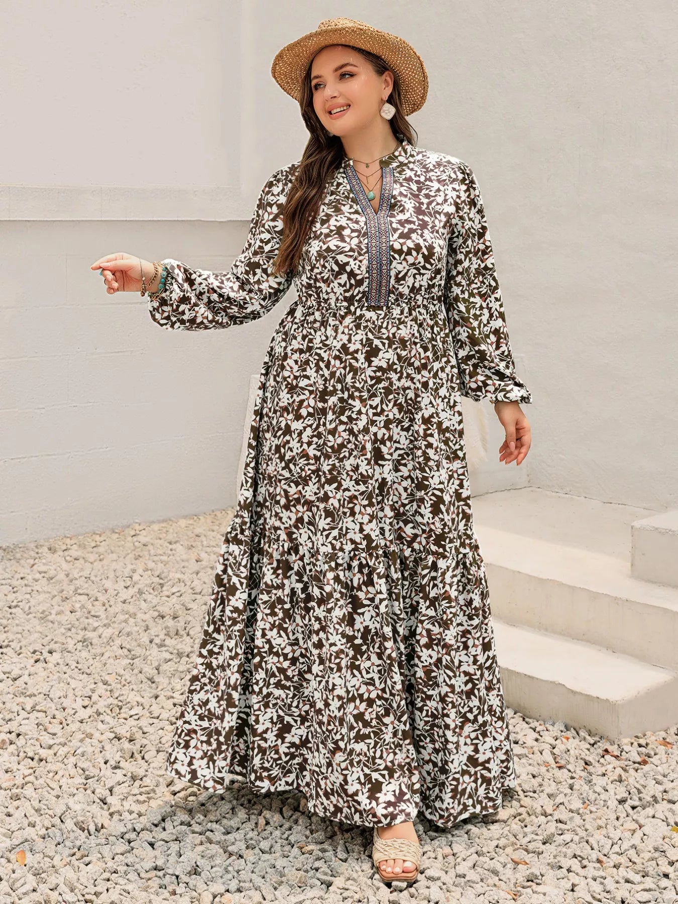 Plus Size Floral Print Long Sleeve Maxi Dress - Glamourous Grace