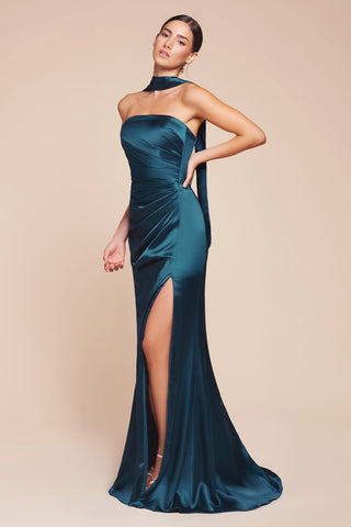Ladivine 7451 Dress Strapless Satin Gown with Sash - Glamourous Grace