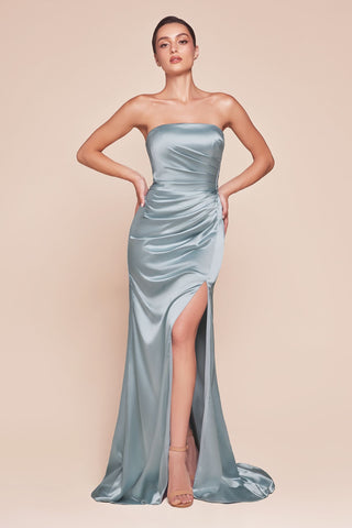 Ladivine 7451 Dress Strapless Satin Gown with Sash - Glamourous Grace