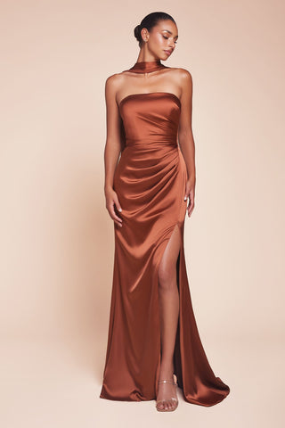 Ladivine 7451 Dress Strapless Satin Gown with Sash - Glamourous Grace